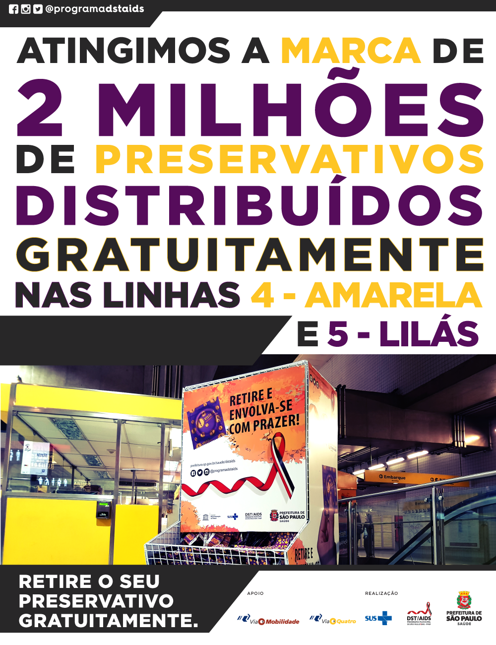 Banner explicaivo. Na parte superior está escrito: Atingimos a marca de 2 milhões de preservativos distribuídos gratuitamente nas linhas 4- amarela e 5 lílas. Ao centro, a foto de um dispensador jumbo de camisinhas na estação de metrô. Ao final, está escrito: Retira o seu preservativo gratuitamente.